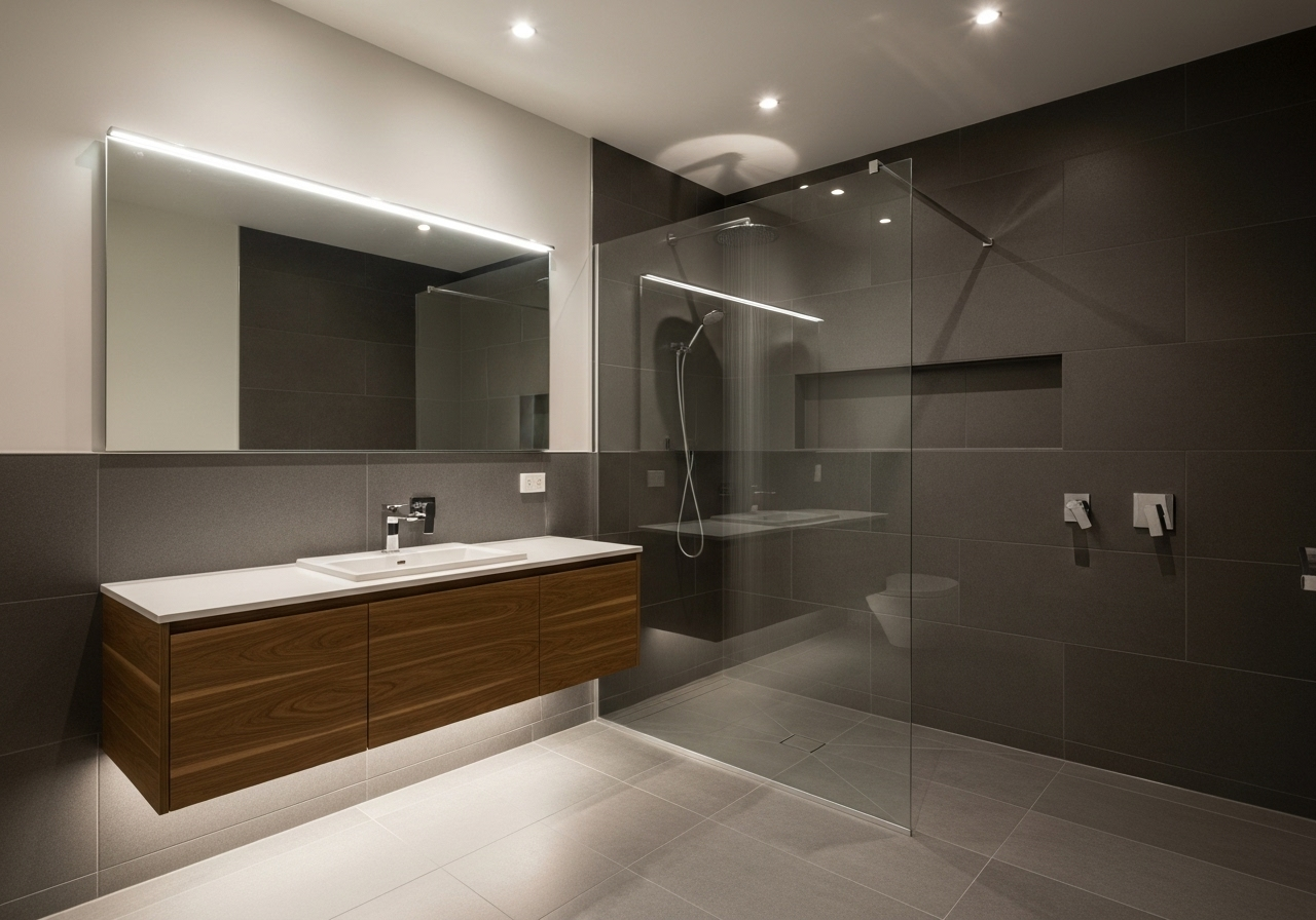Modern bathroom renovation with large format tiles in Budgewoi